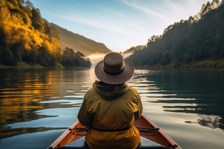 A solitary kayaker in a hat savors the stillness of a misty river morning.の素材