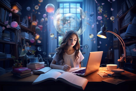 A teenage girl studies at home in a room filled with books and a fantastical display of planets and galaxies suspended in the air around her. A laptop, books, and the color blue are featured in the image.の素材