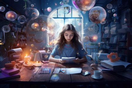 A teenage girl studies at home in a room filled with books and a fantastical display of planets and galaxies suspended in the air around her. A laptop, books, and the color blue are featured in the image.の素材