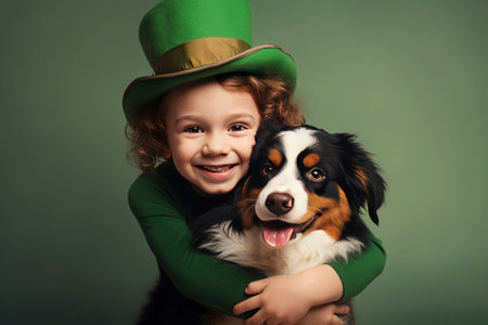 happy child green clothes green hat hugs his dog celebrating St. Patrick's Dayの素材