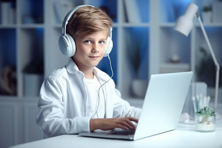 cheerful, handsome middle school boy in white attire, wearing headphones, seated at a table with a laptop in a brightly lit roomの素材