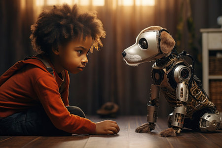 A robot dog becomes the playmate of a young African American child, seated on the floor in their room.の素材