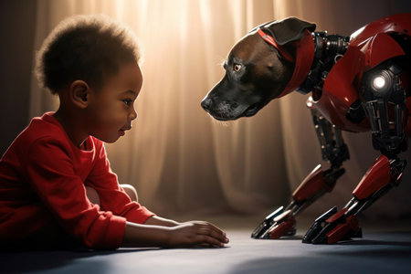 In their room, a child of African American heritage enjoys playtime with a robot dog while seated on the floor.の素材