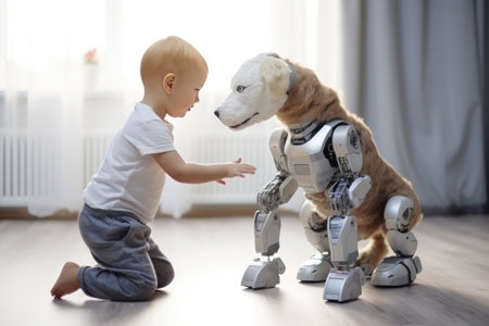 In a bright room, a young boy plays with a white robot dog while sitting on the floor.の素材