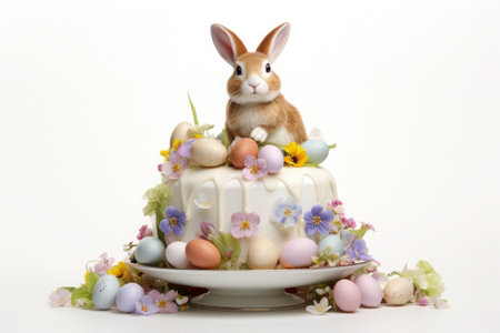 A bunny portrait gracing a bright Easter scene alongside adorned eggs and a festive Easter cake.の素材