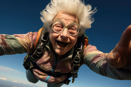 A mature woman wearing protective glasses stands confidently at the edge of the aircraft, ready for her thrilling skydiving experience. With determination in her eyes, she gazes at the vast expanse of the clear blue sky, showcasing her readiness for this daring adventureの素材