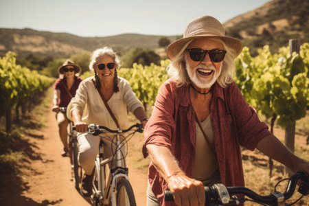 A happy group of seniors, donning hats, cycles along vineyards and mountain landscapes in the summer.の素材