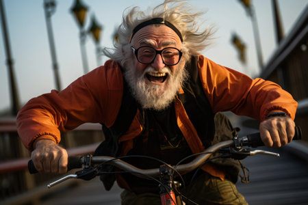 A content, bearded man in glasses happily cycles along the road.の素材