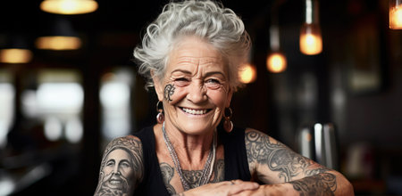 An elderly woman with a radiant smile shows off her detailed tattoos, including a face inked on her arm.の素材