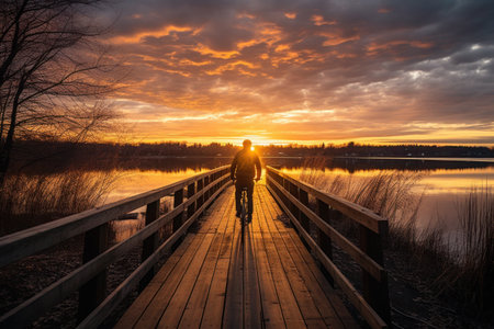 Against the sunset near water, a cyclist's silhouette moves gracefully along the road.の素材