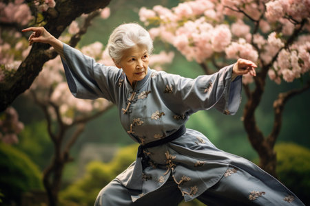 Surrounded by blossoming spring flowers and trees, a woman with silver hair engages in Asian martial arts wearing a kimono.の素材
