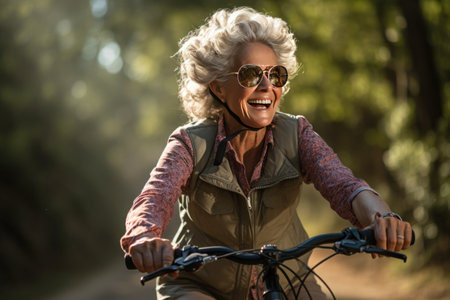 Portrait of a happy senior lady with gray hair, cycling in a summer park against the backdrop of lush greenery.の素材