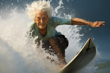 An elderly lady is surfing, riding a wave with a joyful expression and outstretched arm.の素材