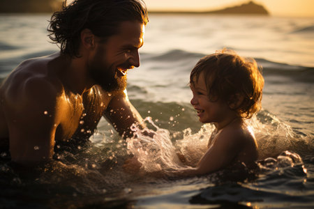 Content tenebrous-haired dad teaching his child to swim in the ocean.の素材