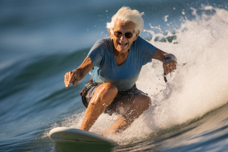 An elderly lady is energetically surfing a wave, with a bright smile and sunglasses.の素材