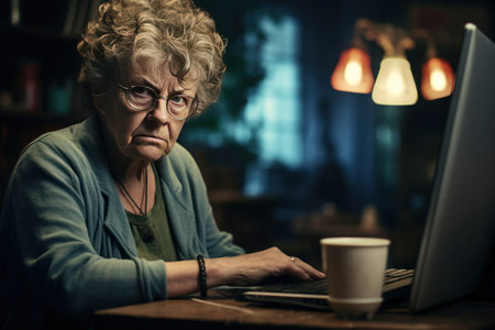 An elderly, silver-haired woman works on a laptop in the evening room, wearing glasses. Blurry lights in the background.の素材