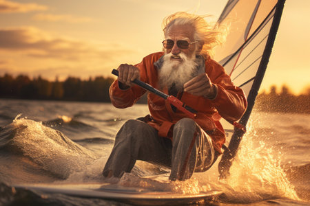 An elderly man with a long white beard gleefully windsurfs at sunset, the golden light reflecting off the water around him.の素材