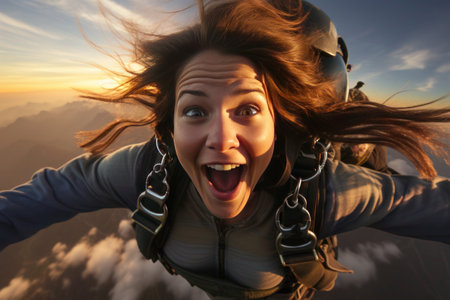 A young woman's face lights up with joy as she screams in exhilaration, her hair flowing freely, a vibrant expression of happinessの素材