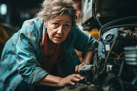 An elderly, tired woman, gray and old, works as a mechanic in an auto repair shop. She repairs cars.の素材