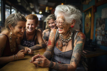 A group of joyous women are gathered around a table, sharing a moment of infectious laughter, with the focus on an elderly woman whose vibrant personality shines through her broad smile and expressive eyesの素材