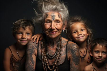 An elderly woman with a warm smile is surrounded by her playful grandchildren, her face adorned with traditional facial tattoos that speak of a rich cultural lineage.の素材