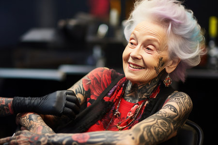 An older woman with whimsically colored hair and intricate tattoos smiles warmly while sitting in a tattoo parlor, her face telling a story of a life well-livedの素材