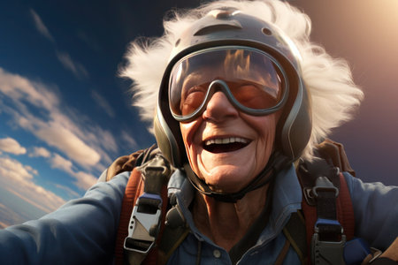A mature woman wearing protective glasses stands confidently at the edge of the aircraft, ready for her thrilling skydiving experience. With determination in her eyes, she gazes at the vast expanse of the clear blue sky, showcasing her readiness for this daring adventureの素材