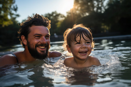 A content father enjoys a swim with his blonde child in the lake by their home.