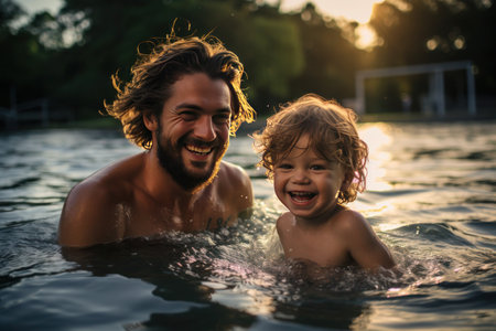 Father and blonde child share a moment of happiness, swimming in the lake near their home.の素材