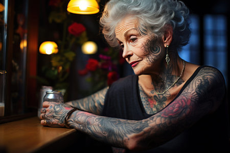 An elderly woman with elegantly styled gray hair and ornate tattoos on her arms gazes thoughtfully out a window in a warmly lit room, adorned with hanging lamps and roses.の素材