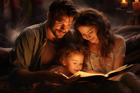 mom and dad read a book to their joyful son at night in a dimly lit roomの素材