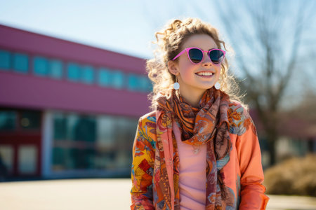 A radiant young girl with curly hair, wearing pink sunglasses and a colorful scarf, smiles brightly outside a schoolの素材