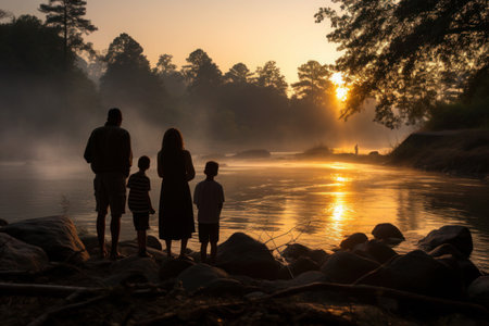 A family stands by the river during the sunset, as mist envelops the surroundings, with trees lining the banks. In the family are a mother, father, and two children.の素材