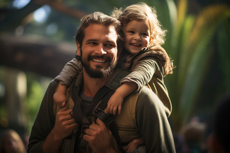 happy bearded dad with a little daughter on his shoulders stands in the forest, they smile happilyの素材