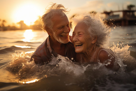 Two elderly friends laugh joyfully while splashing in the ocean at sunset, sharing a carefree moment.の素材
