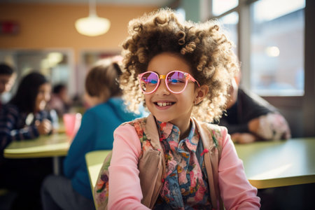 A cheerful girl with voluminous curly hair wearing pink sunglasses smiles brightly in a school cafeteriaの素材