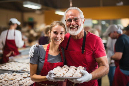 A smiling young woman and a senior man in red aprons holding a tray of pastries in a busy kitchen.の素材
