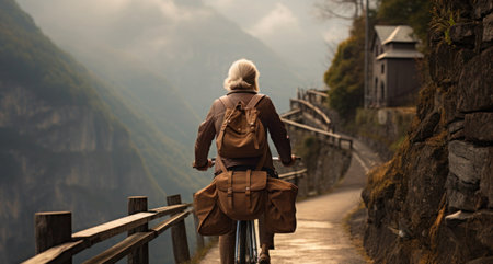 Woman cycling along a mountain trail with backpacks, surrounded by towering peaks. High quality photoの素材