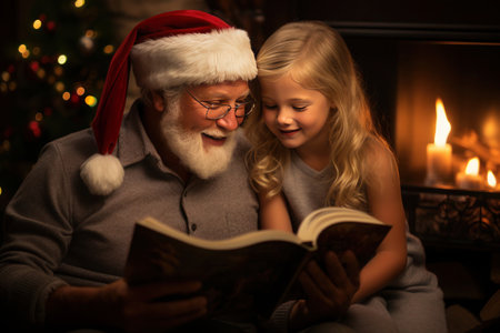 A heartwarming Christmas scene with a grandfather in a Santa hat reading a storybook to his enchanted granddaughter by the fireplace.の素材