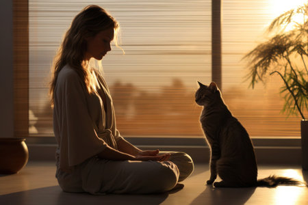 A woman sits in meditation, practicing yoga across from her cat, with the backdrop of the setting sun's rays filtering through the windowの素材