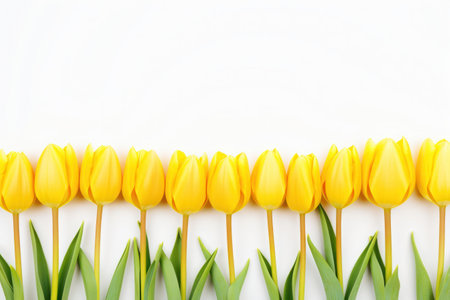 A crisp line of yellow tulips blooms against a pure white canvasの素材