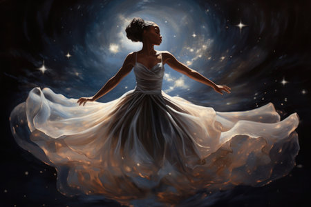 A ballerina spins, her dress a cascade of gossamer fabric against the swirling cosmos, a dance of light and fabric in the silent music of the universeの素材