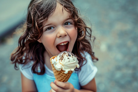 a little girl is eating an ice cream cone with her mouth open. High qualityの素材