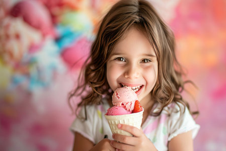 The little girl, with a smile on her face, is happily eating ice cream in a cone, while her hair flows in the windの素材