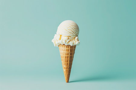 a single scoop of white ice cream in a waffle cone on a blue background. High qualityの素材