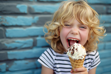 a young boy is eating an ice cream cone in front of a blue brick wall. High qualityの素材