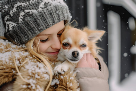 A blond woman is happily holding a toy dog in her arms while wearing a cap in snowy weather. The small dog breed is a carnivore and a companion dogの素材