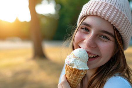 A young girl is enjoying a dairy ice cream cone in the park, with a big smile on her face. She looks happy and full of joy while indulging in the sweet treatの素材