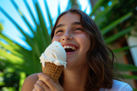 A young girl is enjoying a sorbetes ice cream cone, smiling happily while indulging in the sweet treat made from soft serve ice creamsの素材