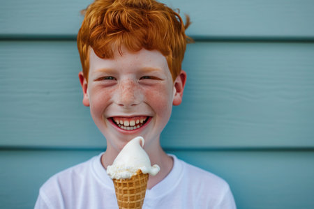A young boy with red hair is happily holding a delicious ice cream cone up to his face, satisfying his food craving with a smile on his faceの素材
